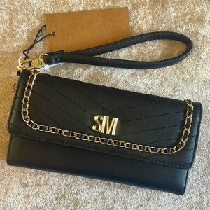 Brand New Steve Madden Black Wristlet Trifold Wallet w/ Gold Tone Chain Accents